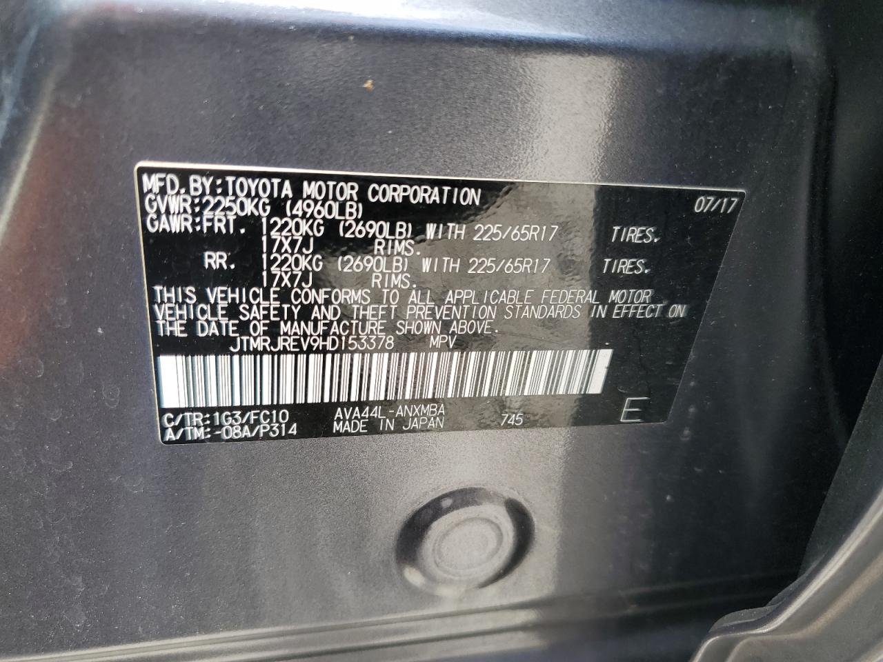2017 Toyota Rav4 Hv Le VIN: JTMRJREV9HD153378 Lot: 63096935