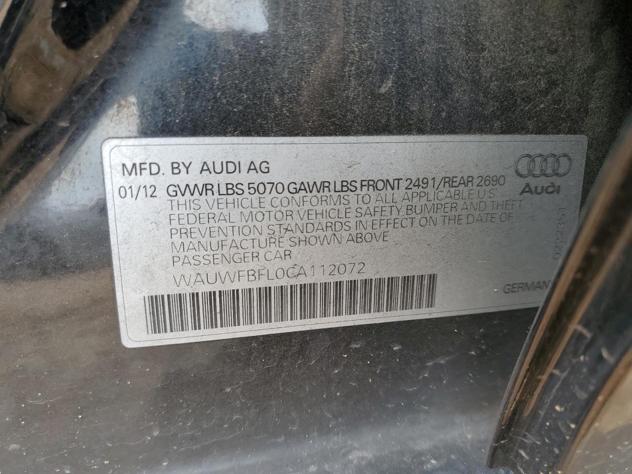 2012 Audi A4 Premium Plus VIN: WAUWFBFL0CA112072 Lot: 63122565