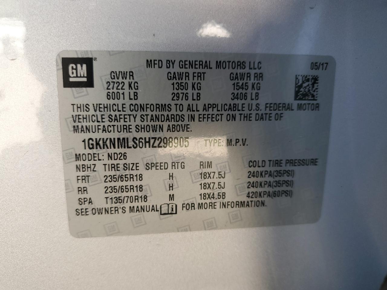 2017 GMC Acadia Slt-1 VIN: 1GKKNMLS6HZ298905 Lot: 64733465