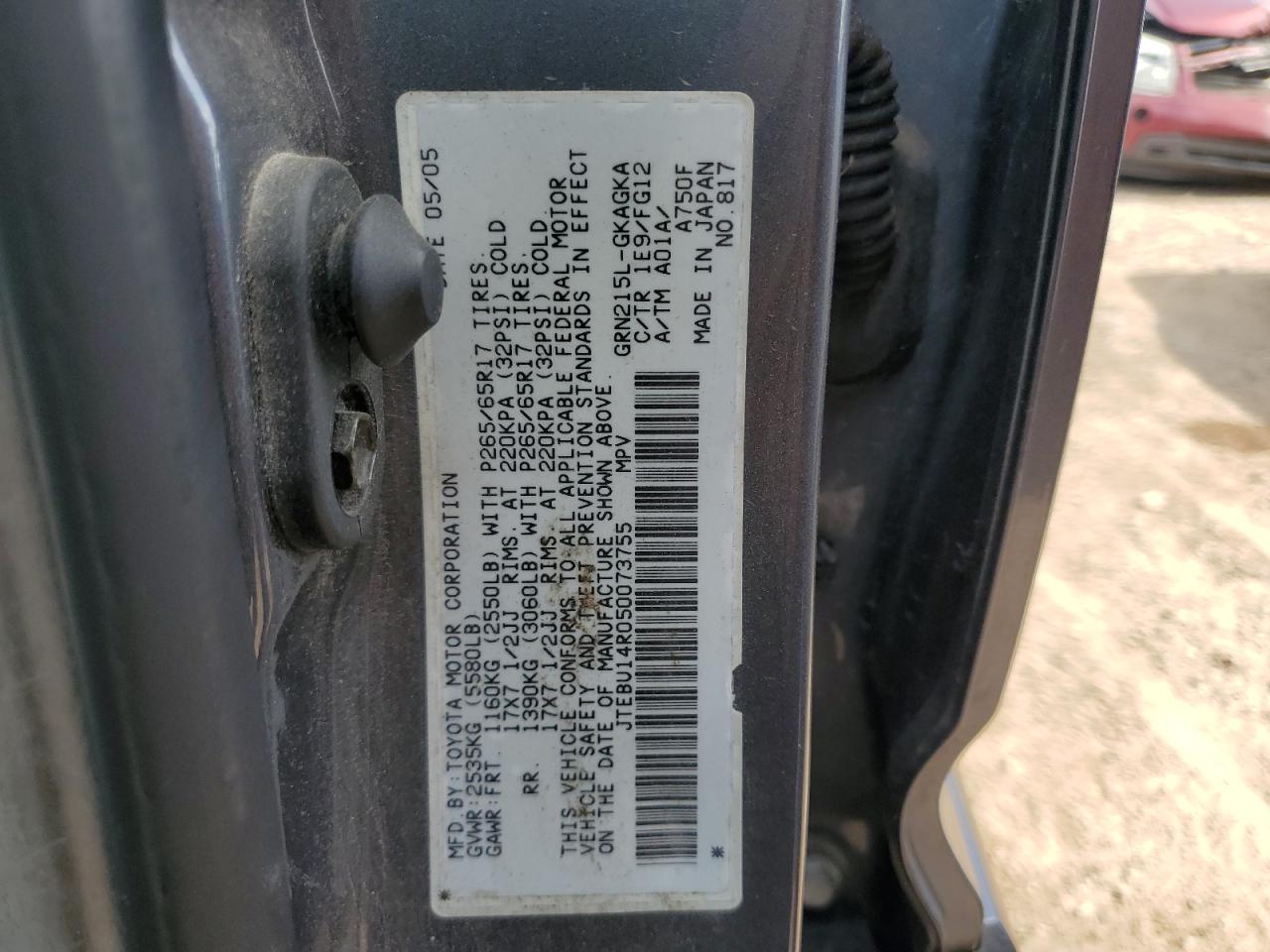2005 Toyota 4Runner Sr5 VIN: JTEBU14R050073755 Lot: 64115075