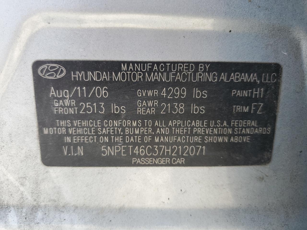 2007 Hyundai Sonata Gls VIN: 5NPET46C37H212071 Lot: 65010205