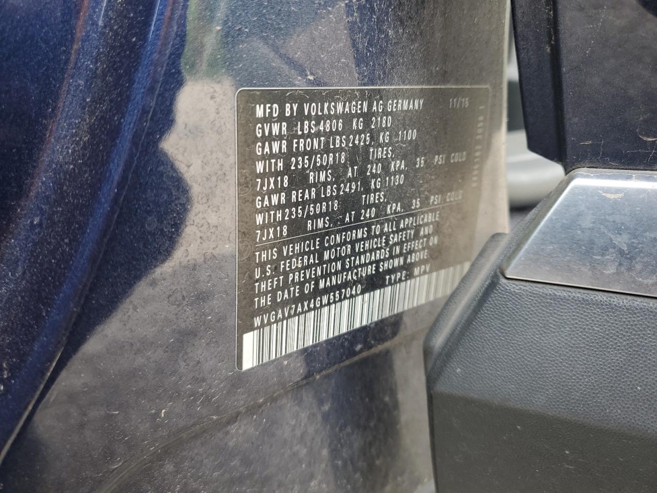 2016 Volkswagen Tiguan S VIN: WVGAV7AX4GW557040 Lot: 65817225