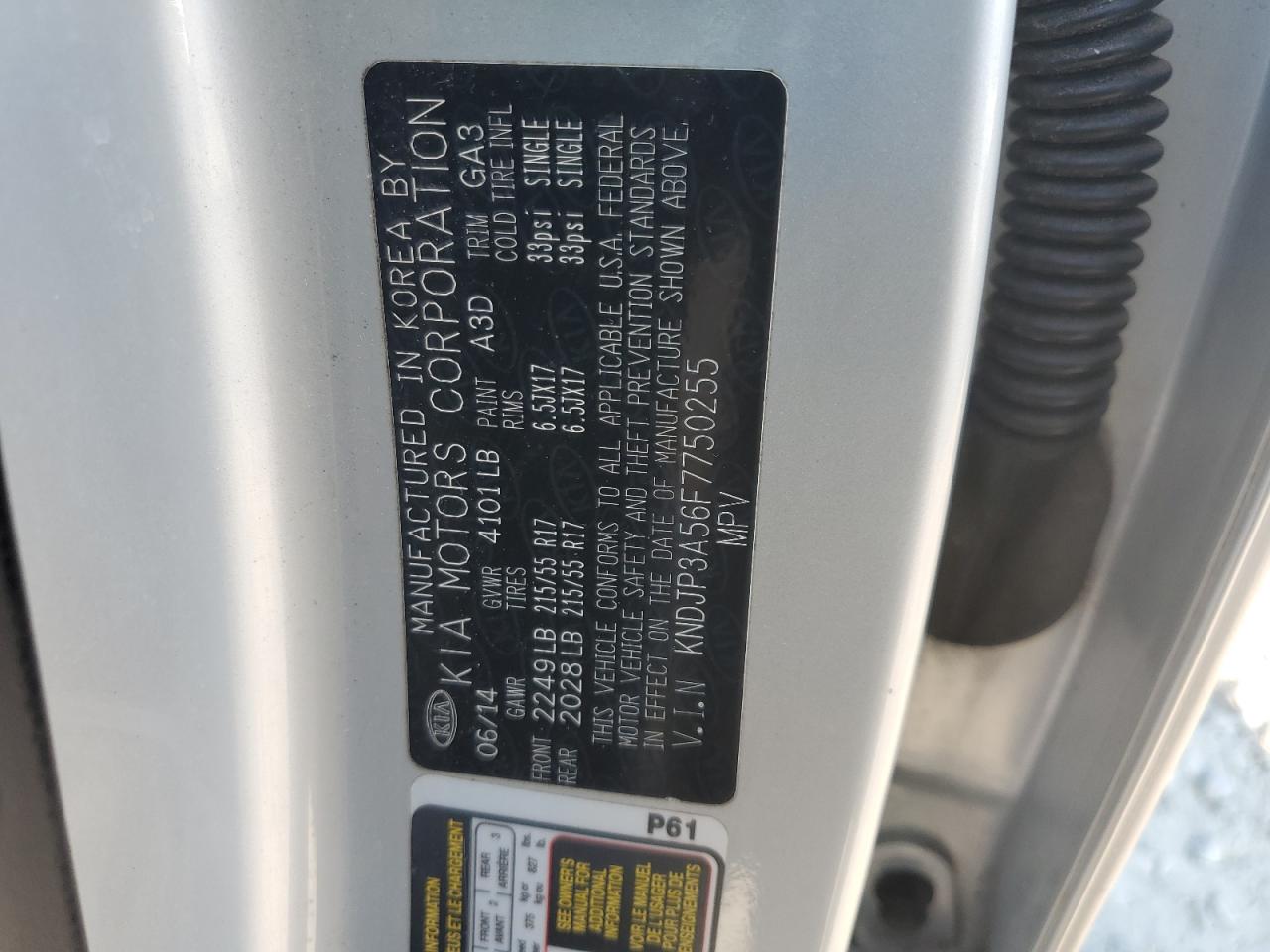 2015 Kia Soul + VIN: KNDJP3A56F7750255 Lot: 63505305