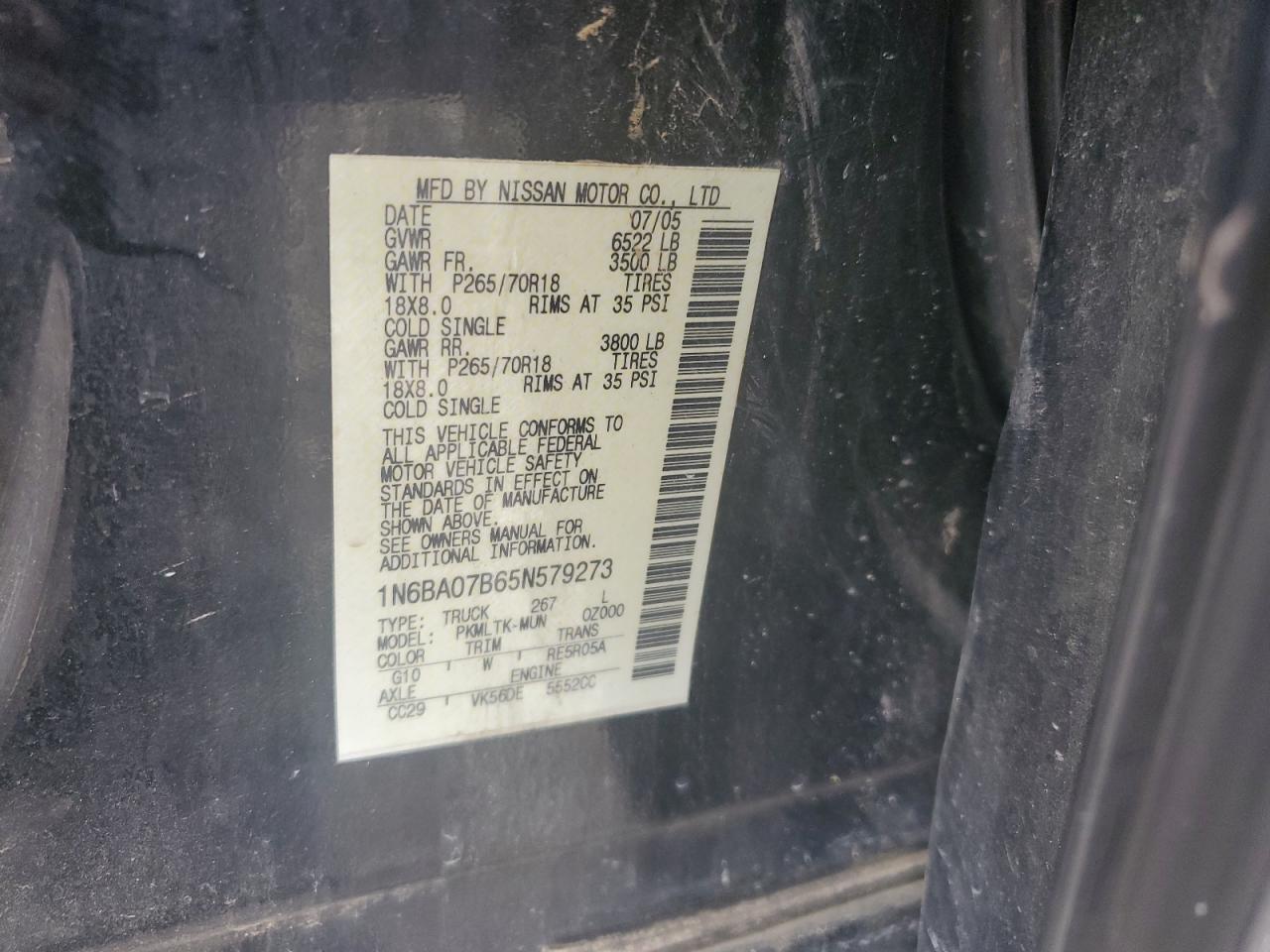 2005 Nissan Titan Xe VIN: 1N6BA07B65N579273 Lot: 64484055
