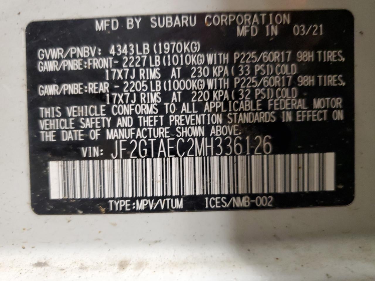 2021 Subaru Crosstrek Premium VIN: JF2GTAEC2MH336126 Lot: 63059255