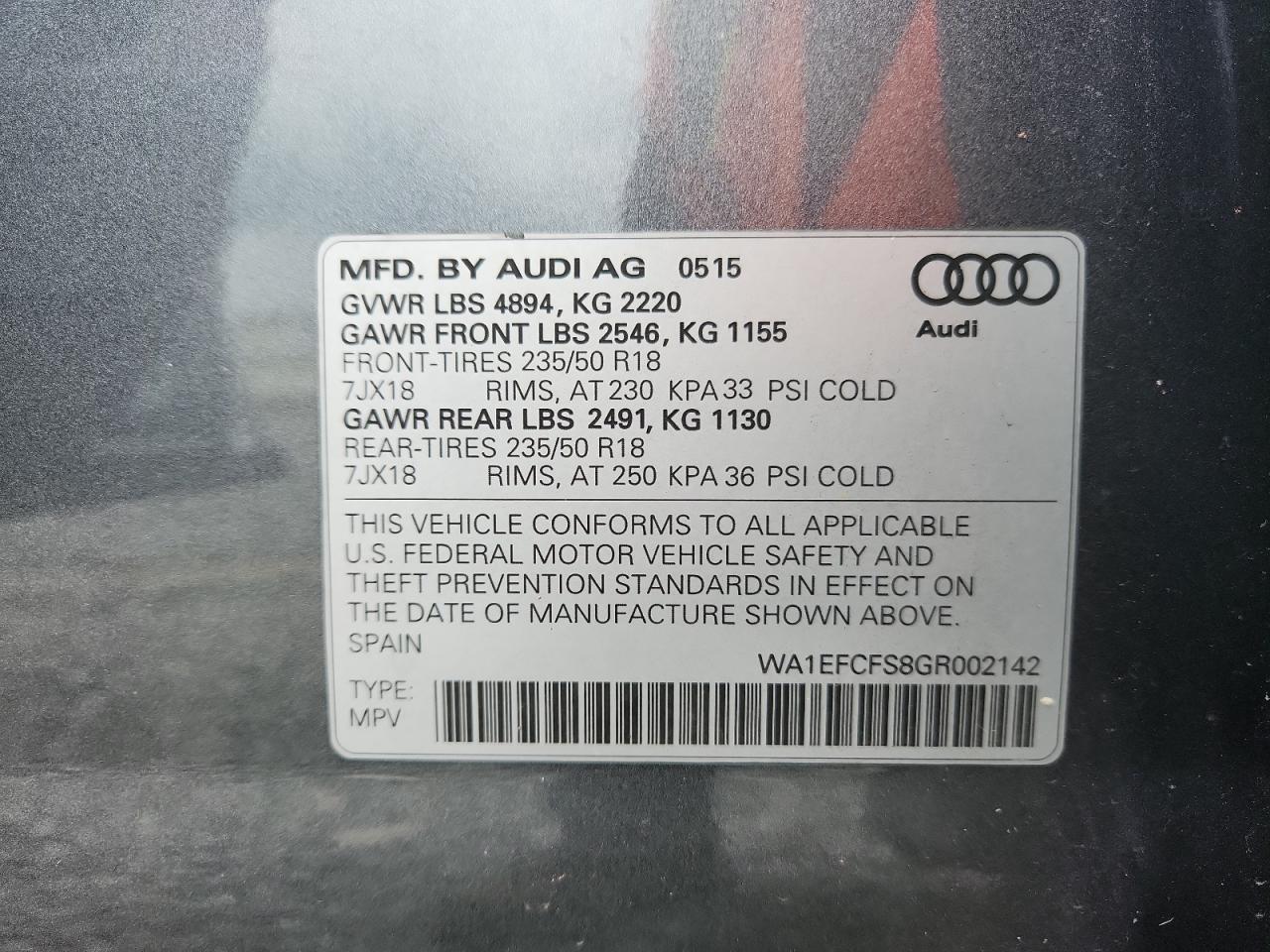 2016 Audi Q3 Premium Plus VIN: WA1EFCFS8GR002142 Lot: 63676095
