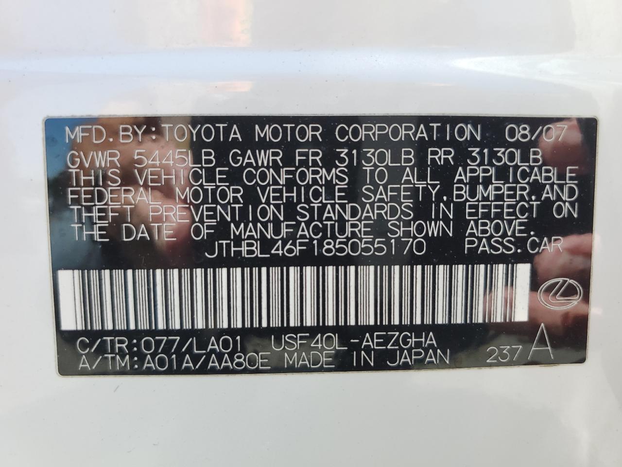 2008 Lexus Ls 460 VIN: JTHBL46F185055170 Lot: 63147795