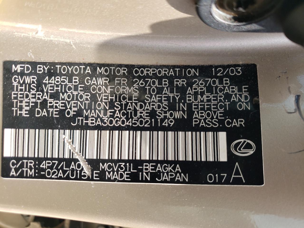 2004 Lexus Es 330 VIN: JTHBA30G045021149 Lot: 64993855