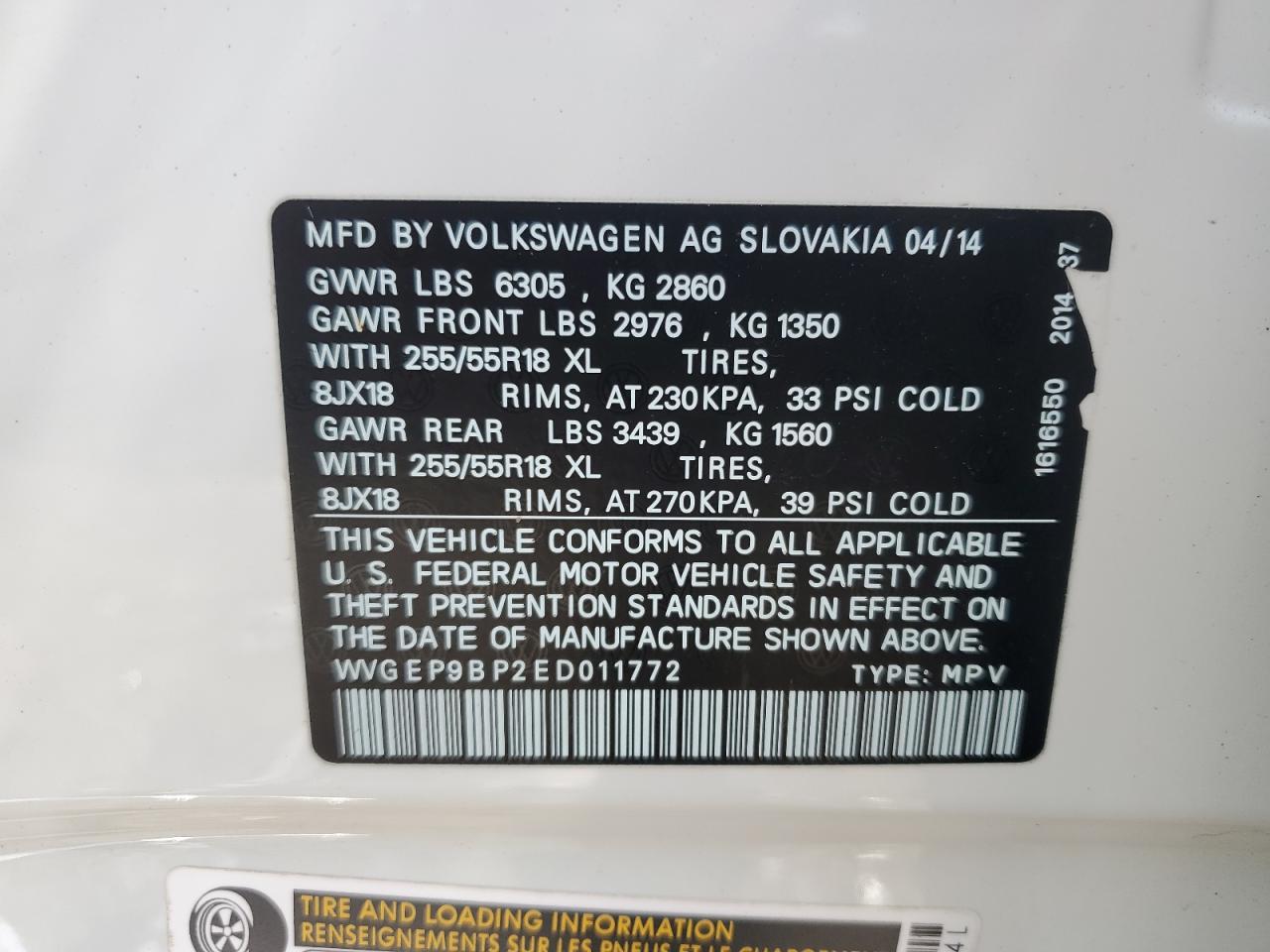 2014 Volkswagen Touareg V6 Tdi VIN: WVGEP9BP2ED011772 Lot: 65915195