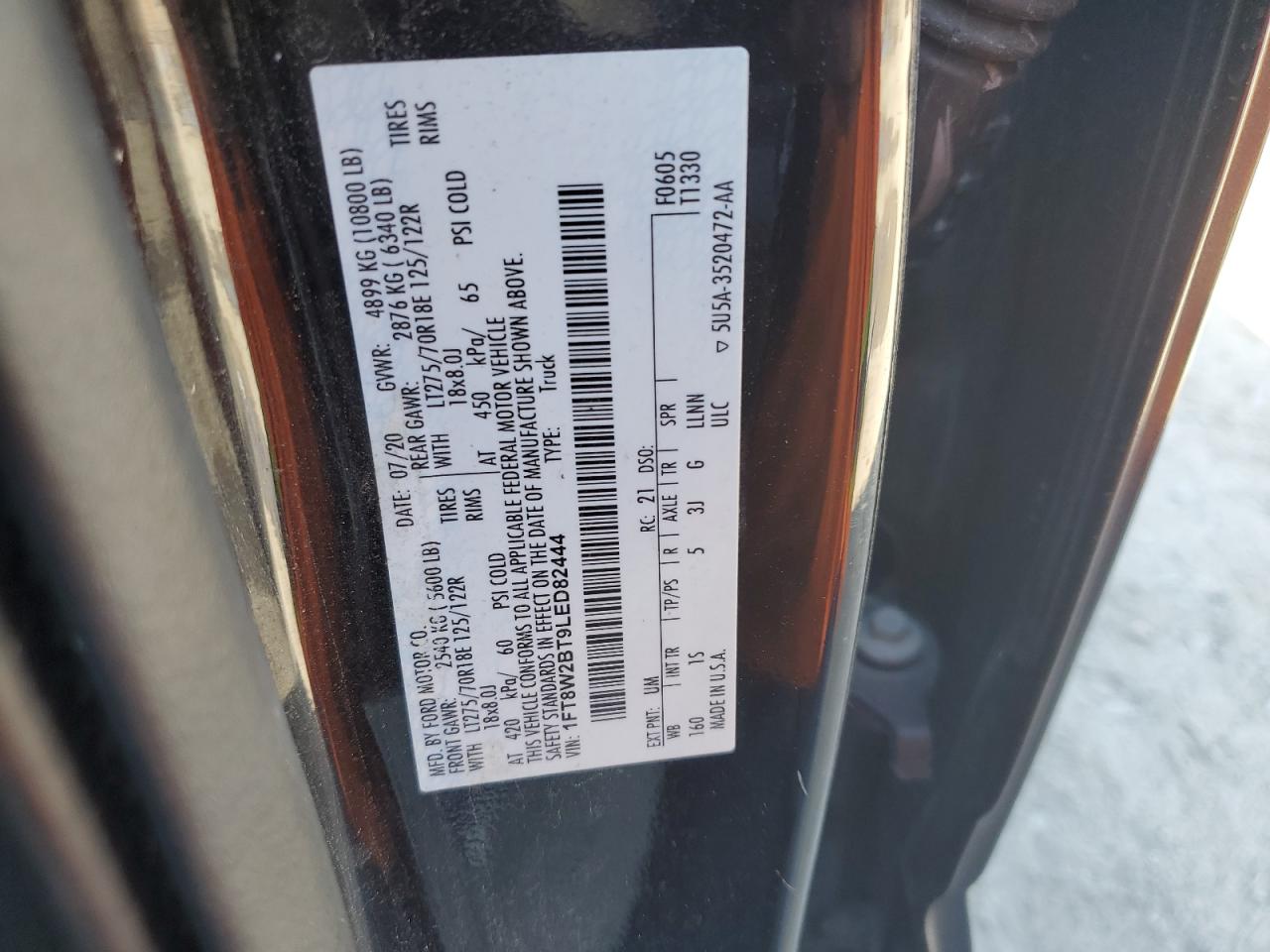 2020 Ford F250 Super Duty VIN: 1FT8W2BT9LED82444 Lot: 64683745