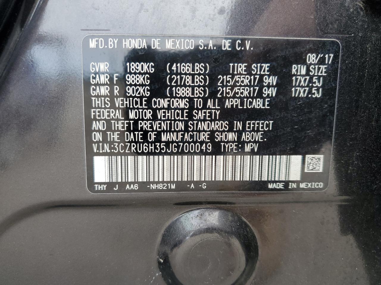 2018 Honda Hr-V Lx VIN: 3CZRU6H35JG700049 Lot: 64569225