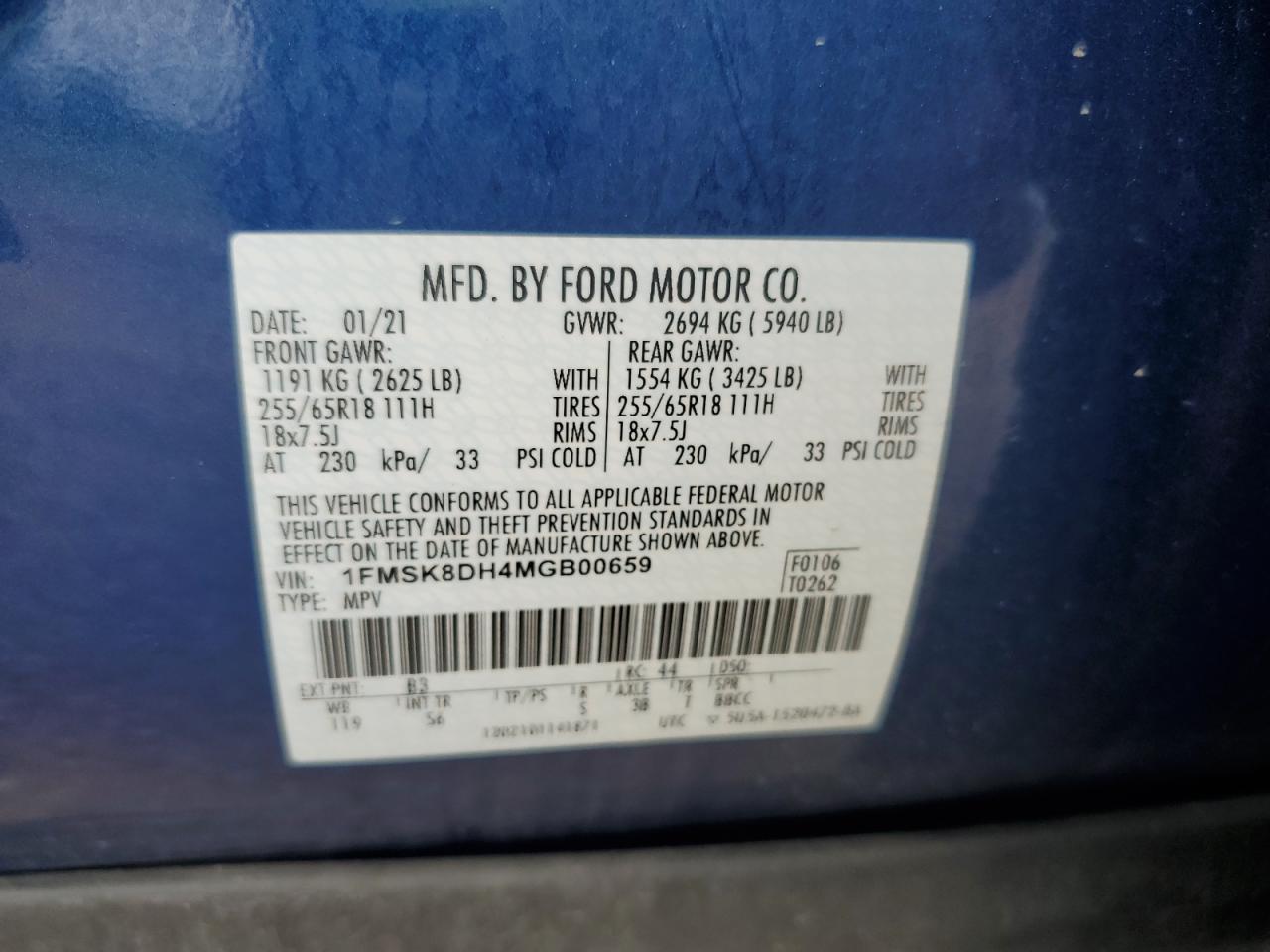 2021 Ford Explorer Xlt VIN: 1FMSK8DH4MGB00659 Lot: 63860315