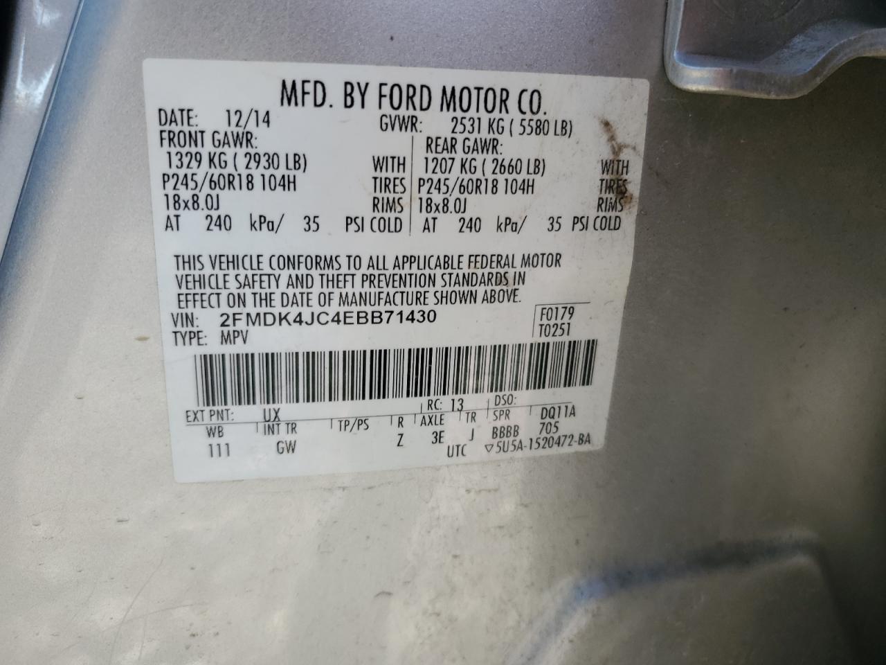 2014 Ford Edge Sel VIN: 2FMDK4JC4EBB71430 Lot: 65809365