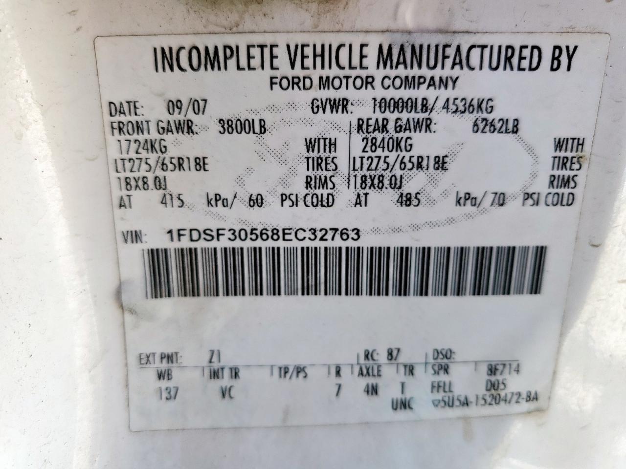 2008 Ford F350 Srw Super Duty VIN: 1FDSF30568EC32763 Lot: 64673755