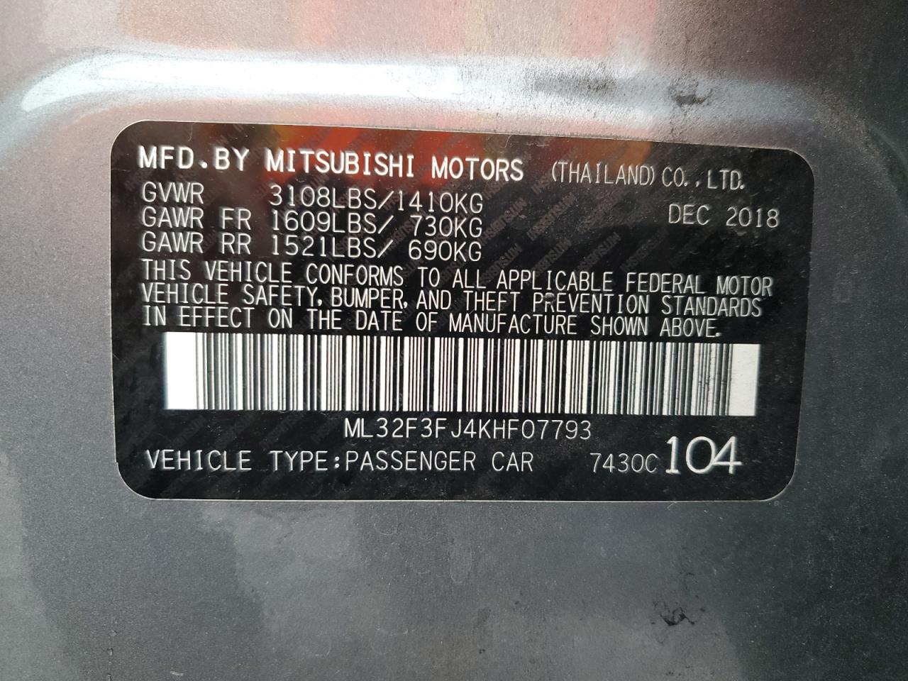 2019 Mitsubishi Mirage G4 Es VIN: ML32F3FJ4KHF07793 Lot: 63465865
