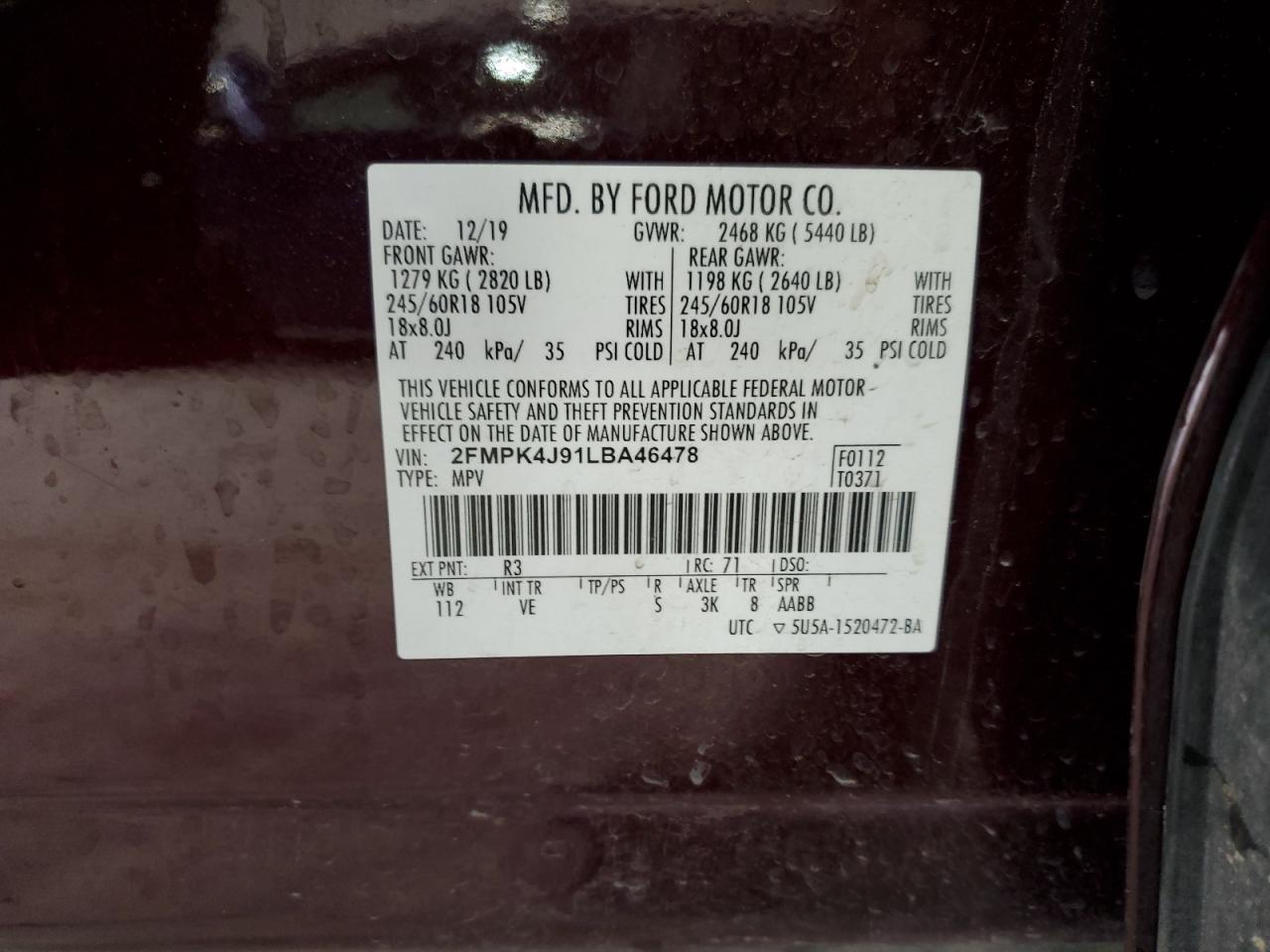 2020 Ford Edge Sel VIN: 2FMPK4J91LBA46478 Lot: 64627735