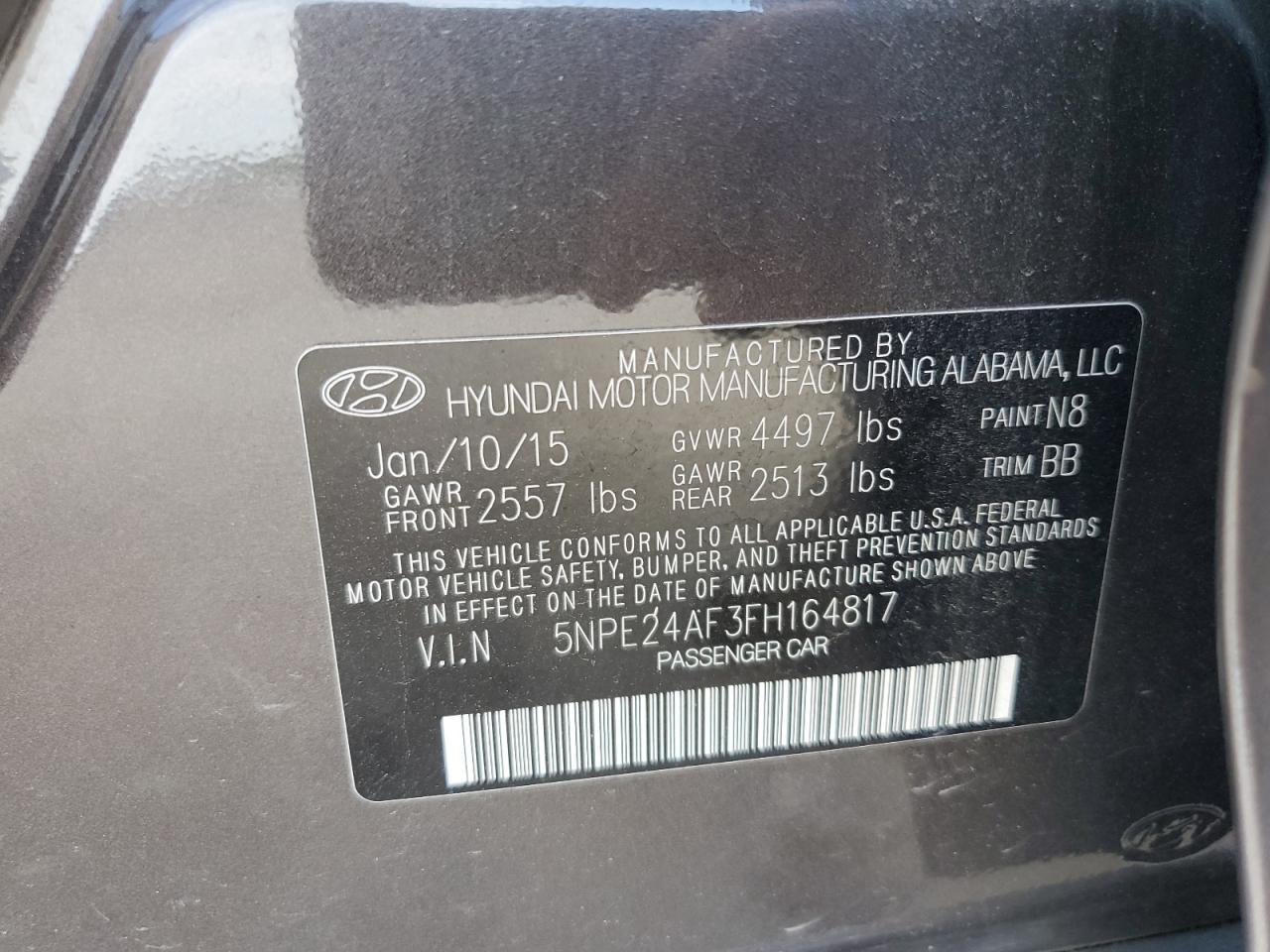 2015 Hyundai Sonata Se VIN: 5NPE24AF3FH164817 Lot: 65498335