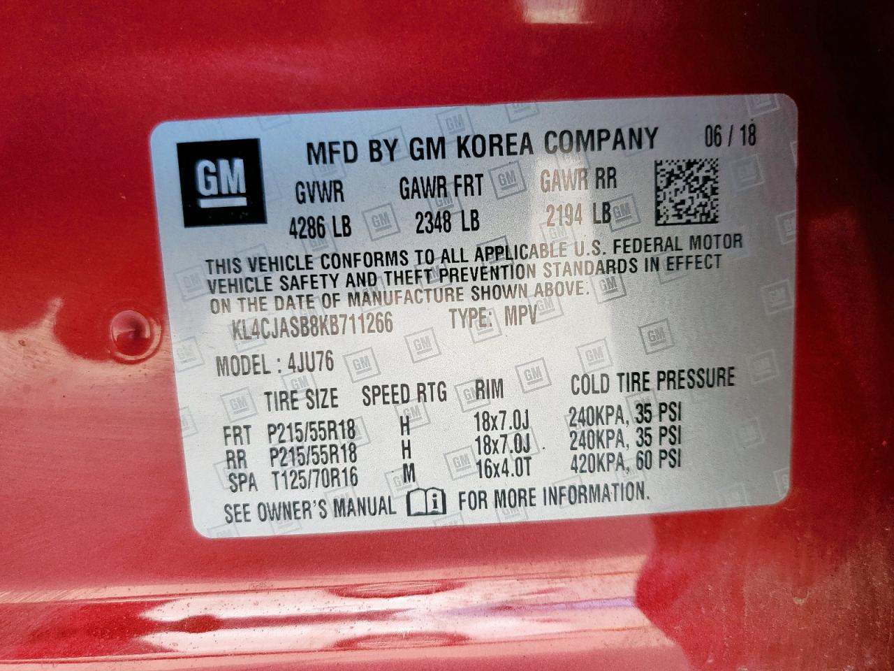2019 Buick Encore Preferred VIN: KL4CJASB8KB711266 Lot: 65232905
