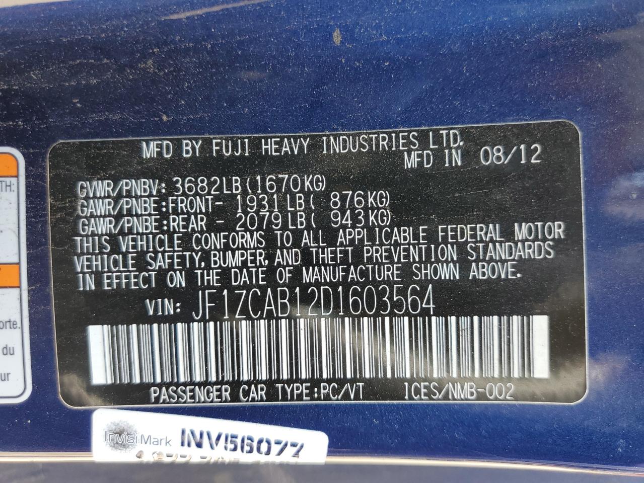 2013 Subaru Brz 2.0 Premium VIN: JF1ZCAB12D1603564 Lot: 64637425