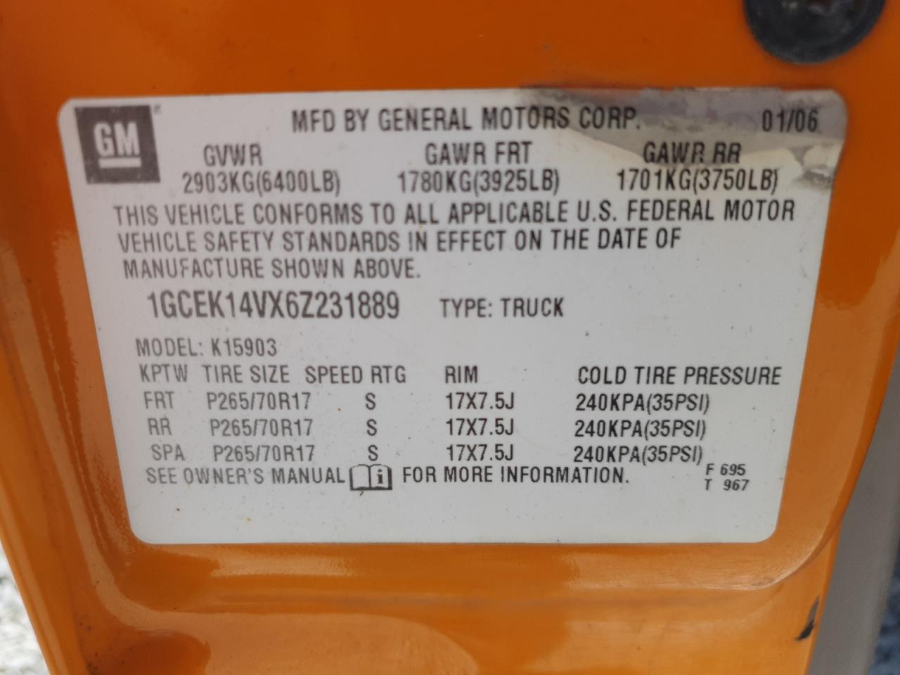 2006 Chevrolet Silverado K1500 VIN: 1GCEK14VX6Z231889 Lot: 65363695