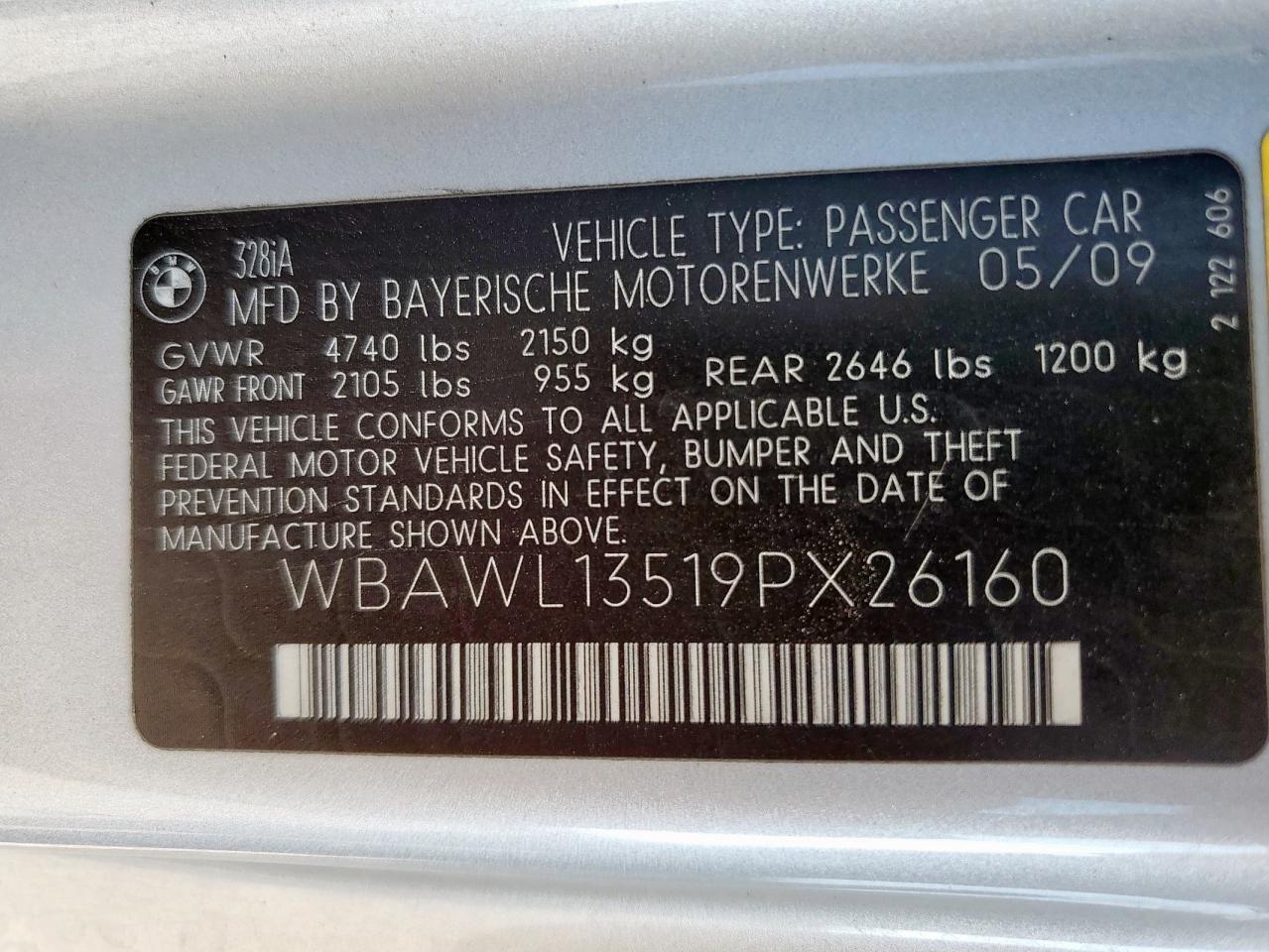 2009 BMW 328 I VIN: WBAWL13519PX26160 Lot: 63697075
