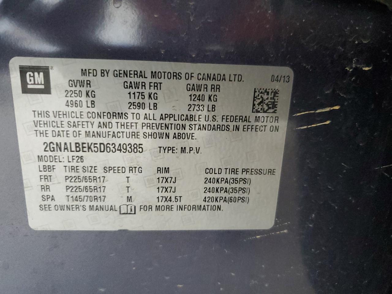 2013 Chevrolet Equinox Ls VIN: 2GNALBEK5D6349385 Lot: 65040155
