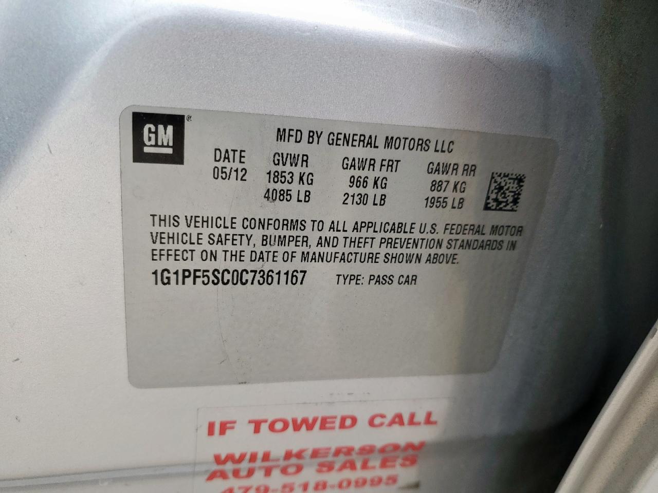 2012 Chevrolet Cruze Lt VIN: 1G1PF5SC0C7361167 Lot: 64857415