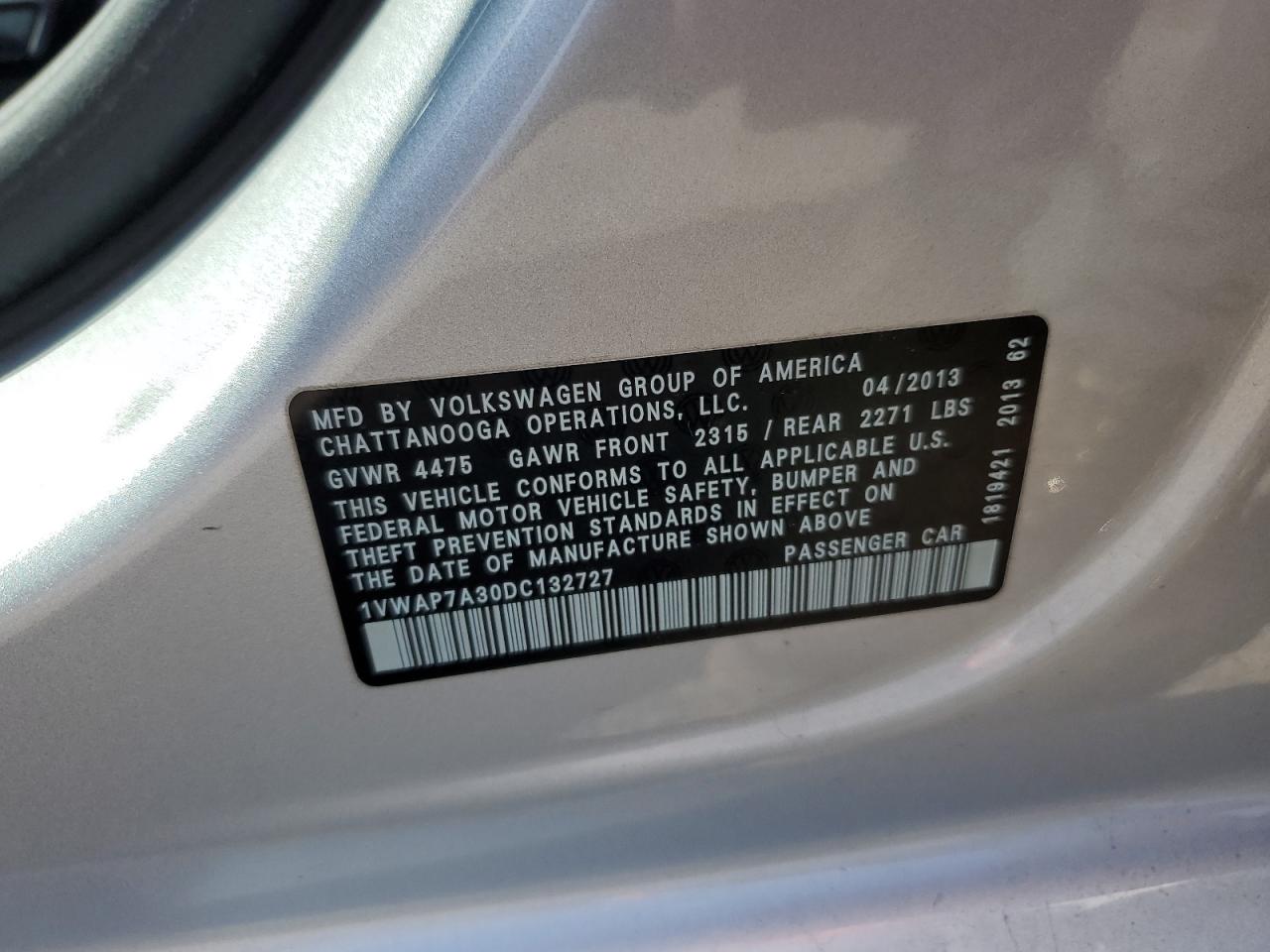 2013 Volkswagen Passat S VIN: 1VWAP7A30DC132727 Lot: 65445405