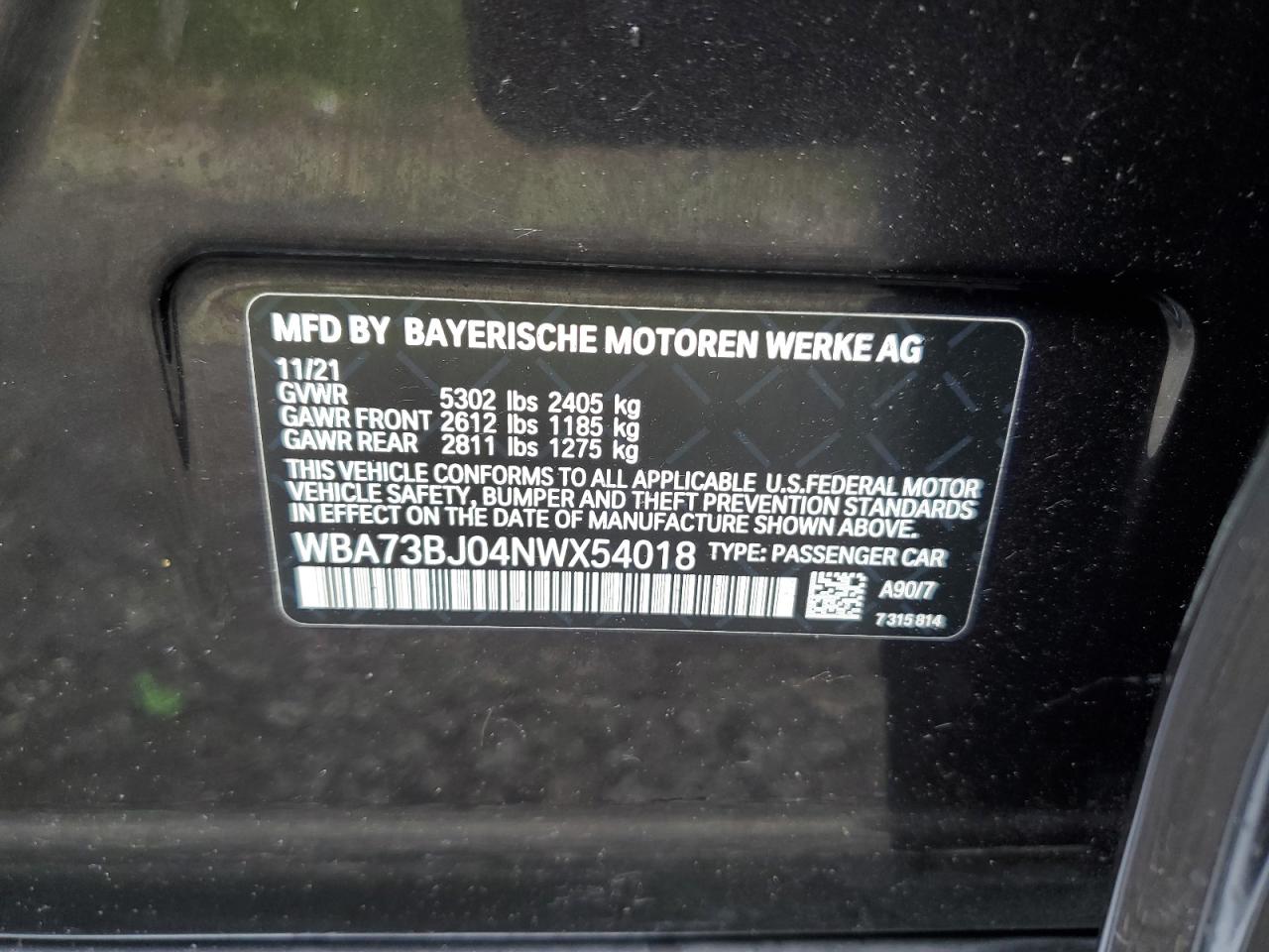 2022 BMW 540 Xi VIN: WBA73BJ04NWX54018 Lot: 62060205