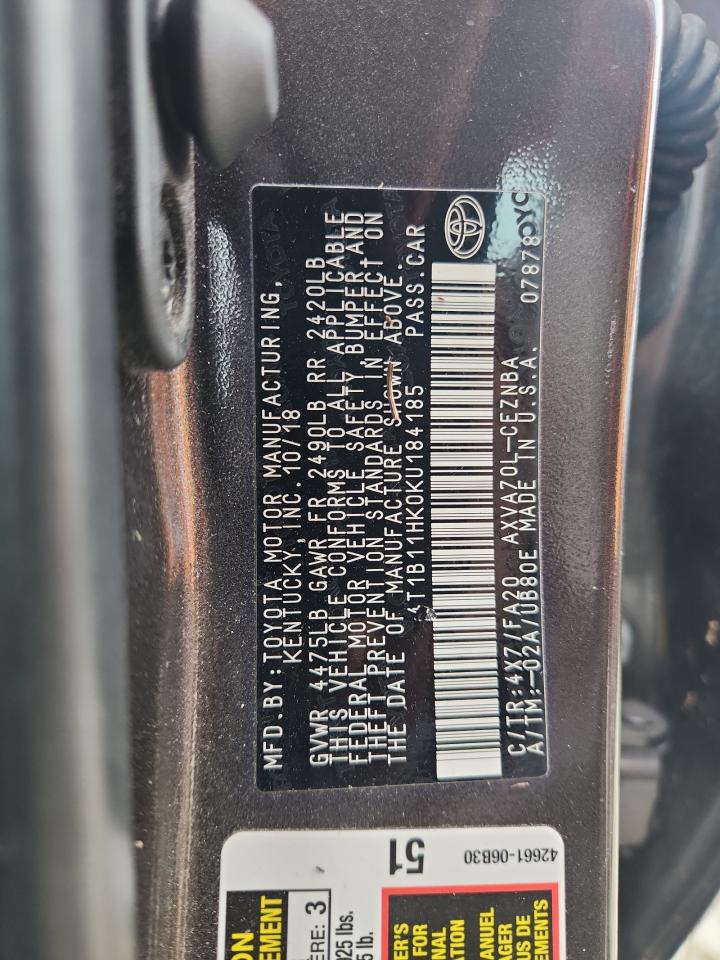 2019 Toyota Camry L VIN: 4T1B11HK0KU184185 Lot: 64998535