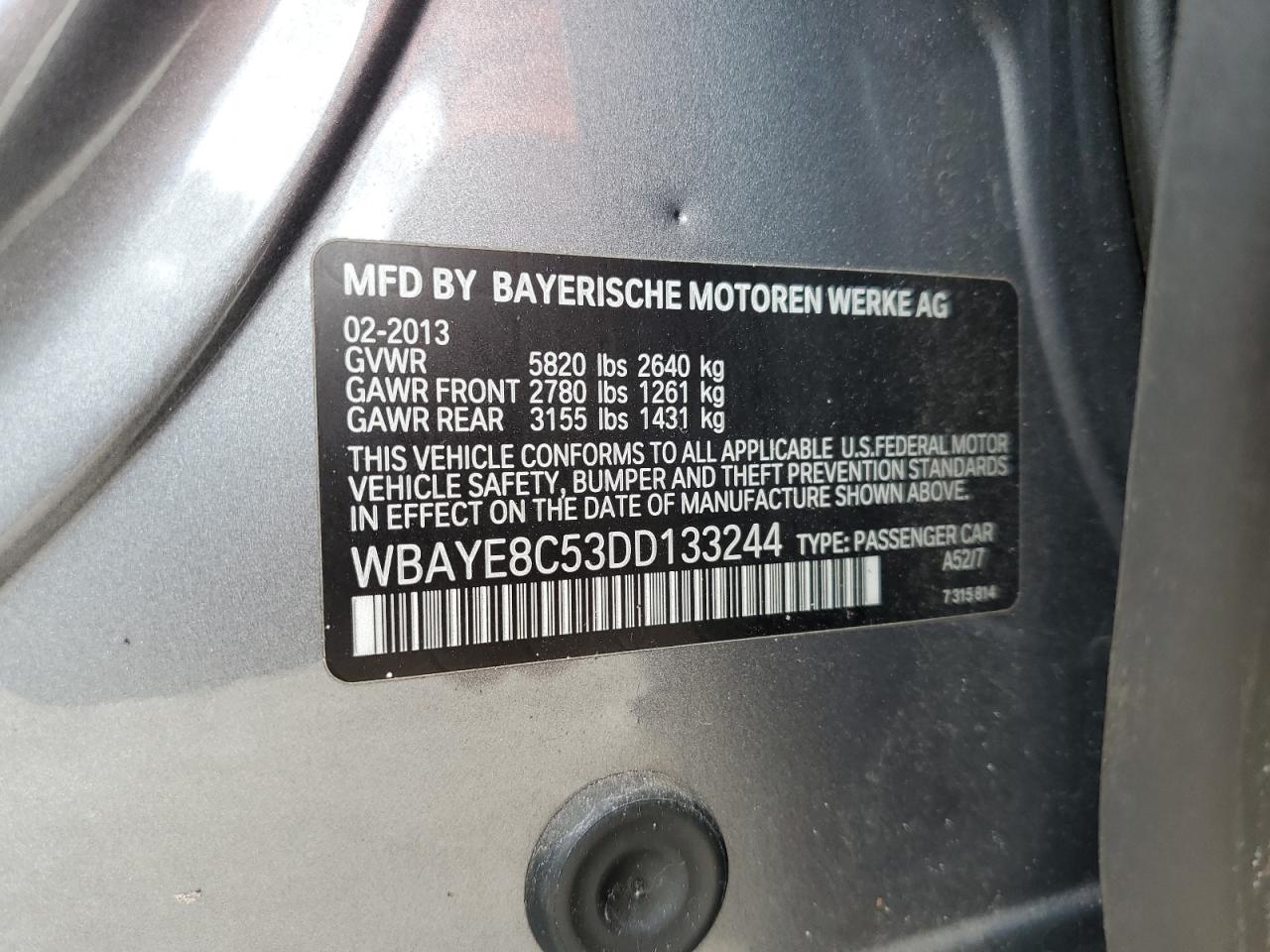 2013 BMW 750 Li VIN: WBAYE8C53DD133244 Lot: 62671675