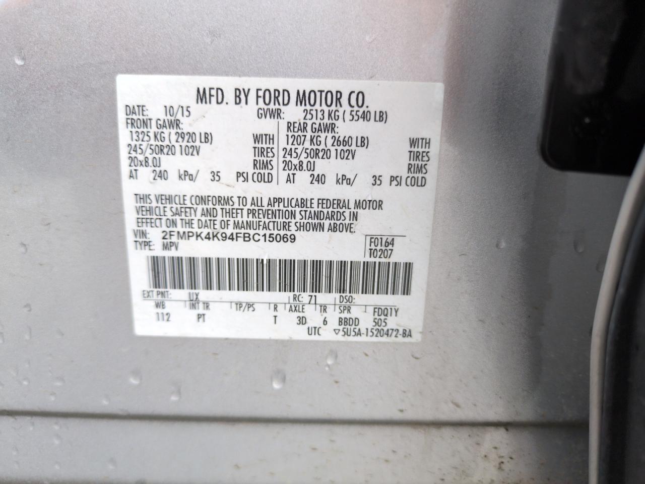 2015 Ford Edge Titanium VIN: 2FMPK4K94FBC15069 Lot: 65051875
