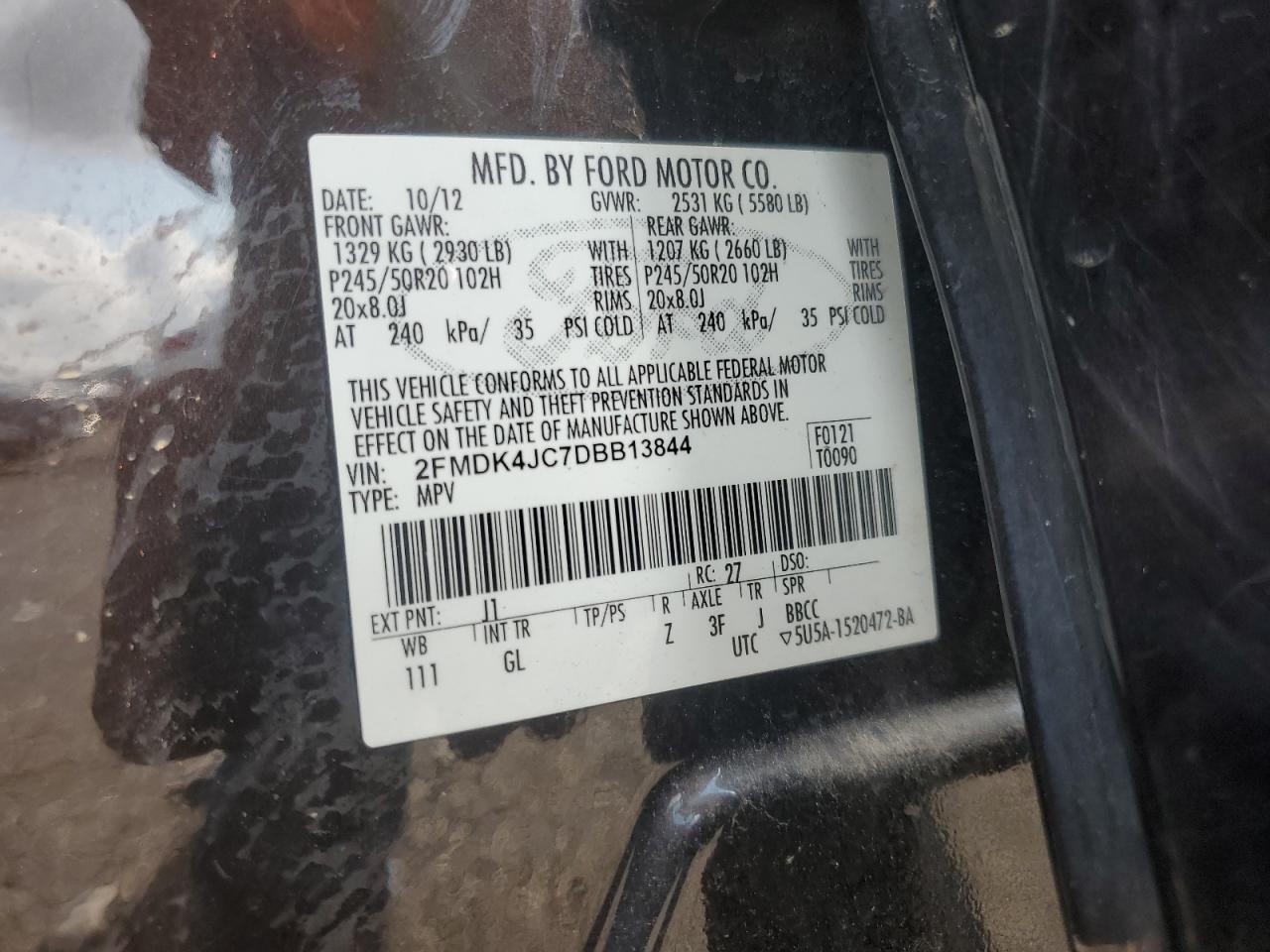 2013 Ford Edge Sel VIN: 2FMDK4JC7DBB13844 Lot: 64557185