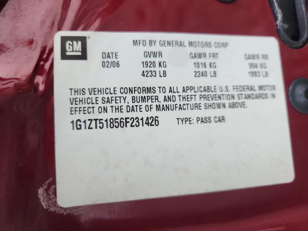 2006 Chevrolet Malibu Lt VIN: 1G1ZT51856F231426 Lot: 64601085
