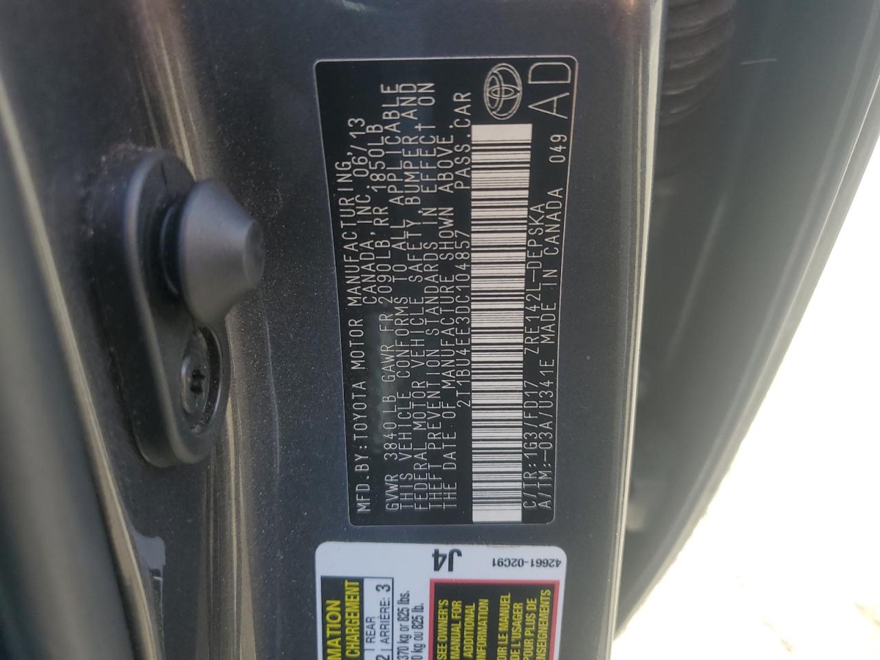 2013 Toyota Corolla Base VIN: 2T1BU4EE3DC104857 Lot: 63633265