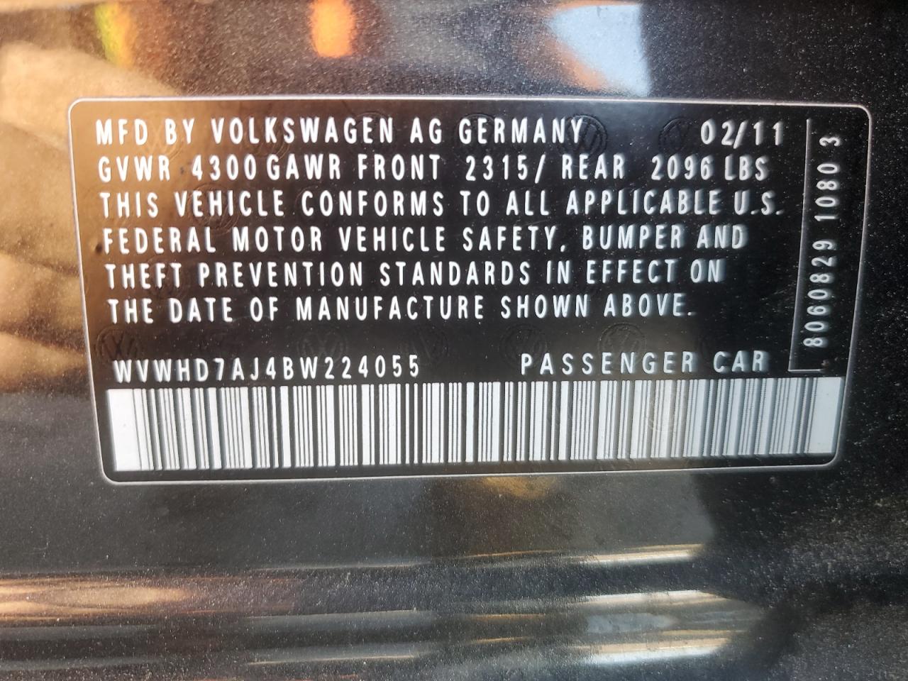 2011 Volkswagen Gti VIN: WVWHD7AJ4BW224055 Lot: 64101625