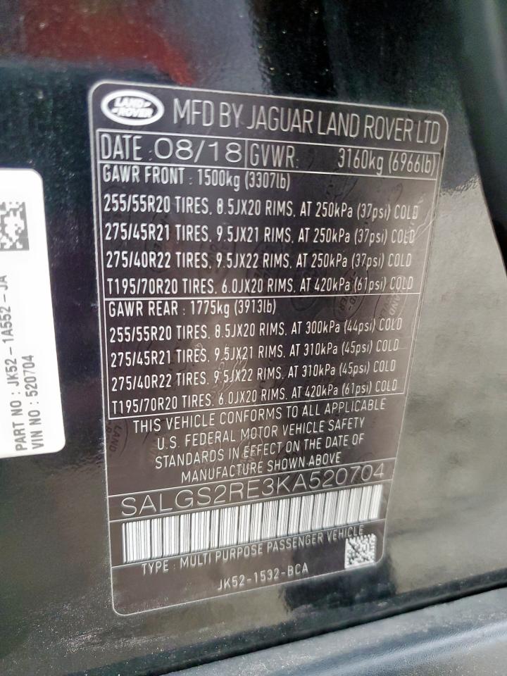 2019 Land Rover Range Rover Supercharged VIN: SALGS2RE3KA520704 Lot: 65259205