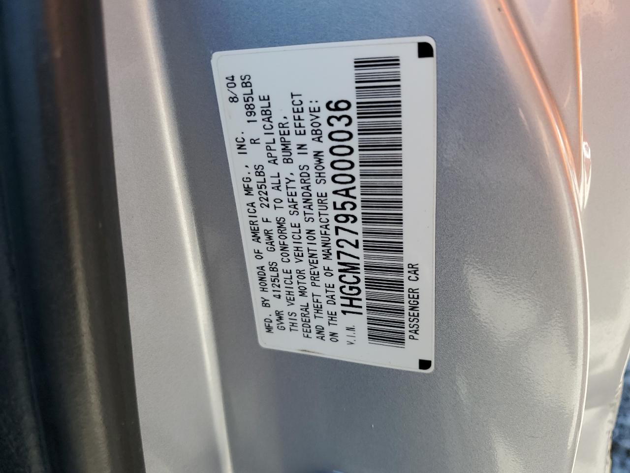 2005 Honda Accord Ex VIN: 1HGCM72795A000036 Lot: 63510865