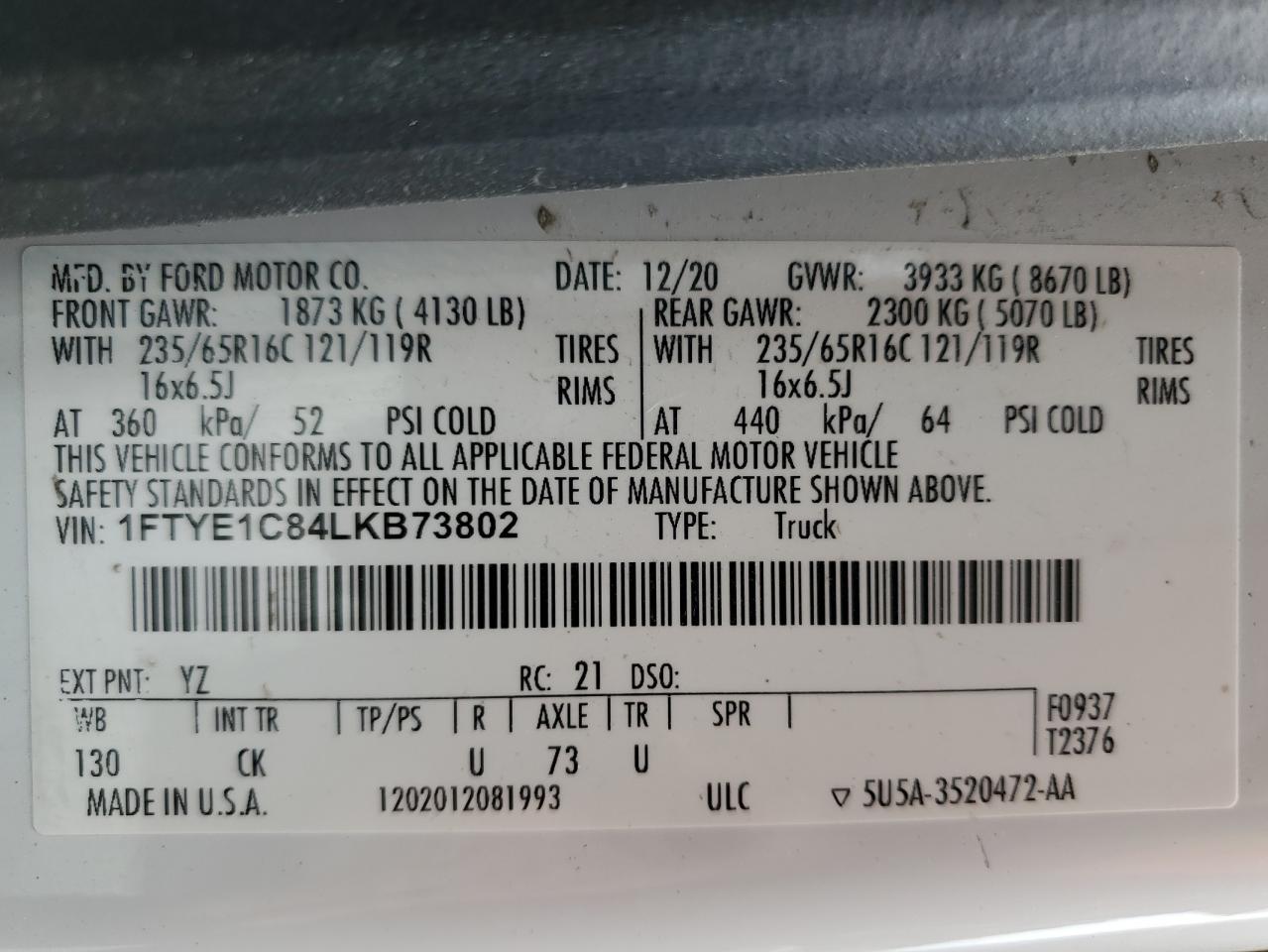 2020 Ford Transit T-150 VIN: 1FTYE1C84LKB73802 Lot: 66041185