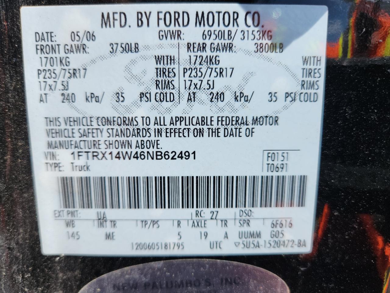 2006 Ford F150 VIN: 1FTRX14W46NB62491 Lot: 63778435