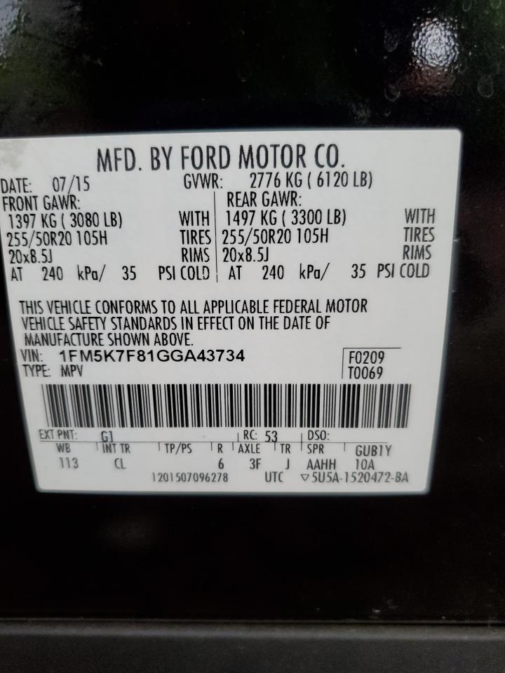 2016 Ford Explorer Limited VIN: 1FM5K7F81GGA43734 Lot: 64620895