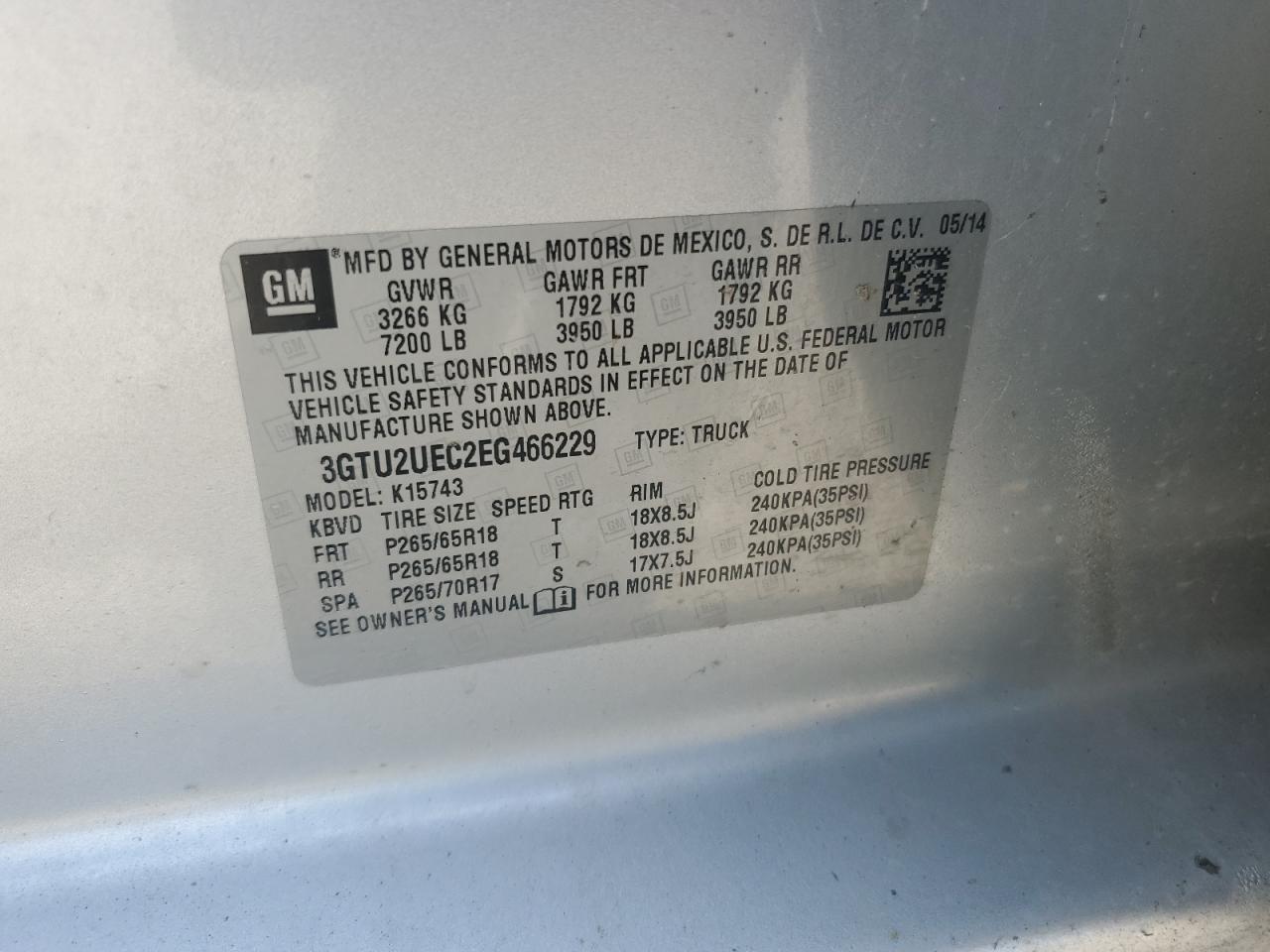 2014 GMC Sierra K1500 Sle VIN: 3GTU2UEC2EG466229 Lot: 63187895