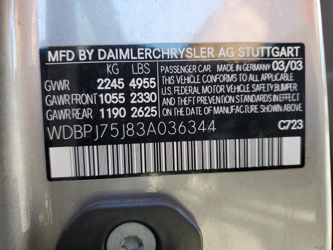 2003 Mercedes-Benz Cl 500 VIN: WDBPJ75J83A036344 Lot: 64378145