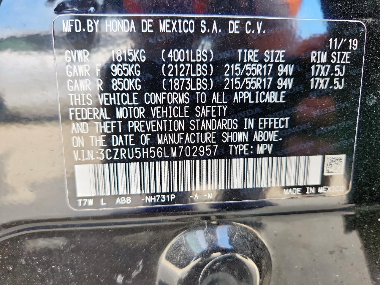 2020 Honda Hr-V Ex VIN: 3CZRU5H56LM702957 Lot: 62986205