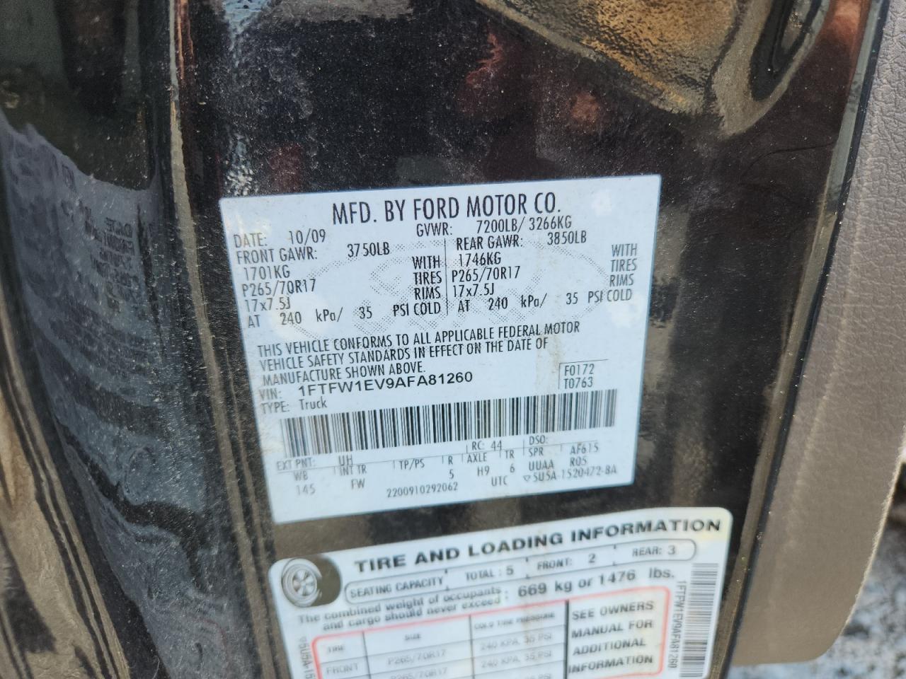 2010 Ford F150 Supercrew VIN: 1FTFW1EV9AFA81260 Lot: 63248525