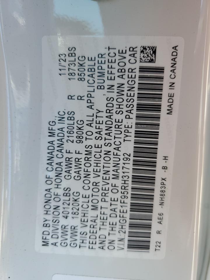 2024 Honda Civic Touring VIN: 2HGFE1F95RH317192 Lot: 65448465