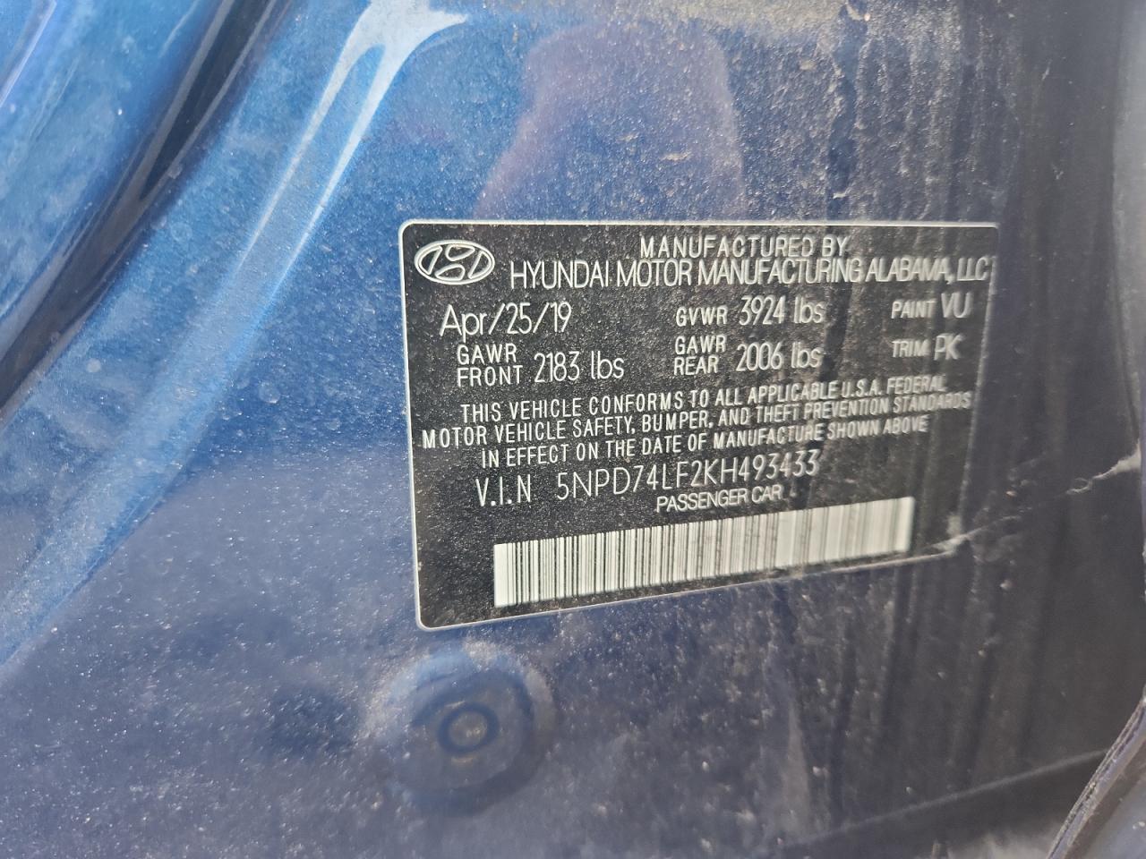 2019 Hyundai Elantra Se VIN: 5NPD74LF2KH493433 Lot: 64414695