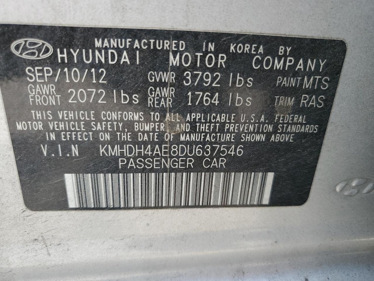 2013 Hyundai Elantra Gls VIN: KMHDH4AE8DU637546 Lot: 64985225
