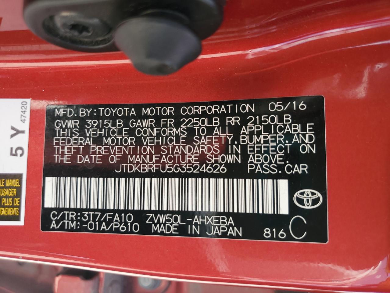 2016 Toyota Prius VIN: JTDKBRFU5G3524626 Lot: 63243455