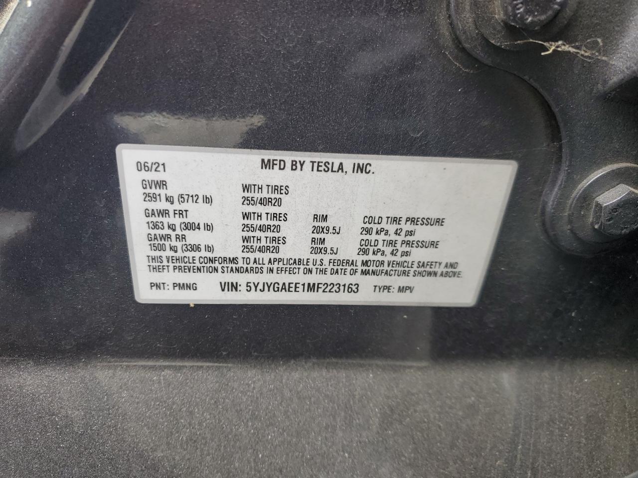 2021 Tesla Model Y VIN: 5YJYGAEE1MF223163 Lot: 65283615